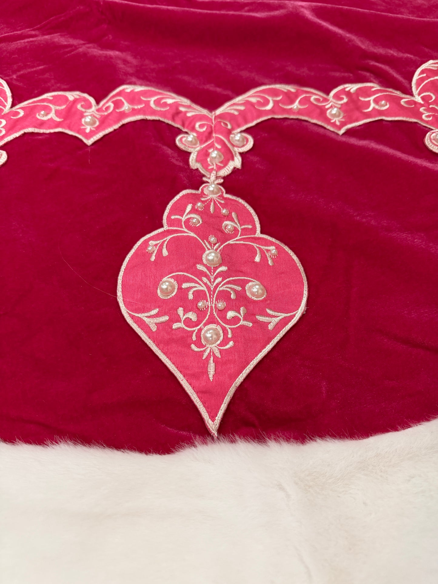 Pre-Order 2026- The Pink Palace Collection- Hot Pink Velvet, Pearls and Soft White Faux Fur Trim Table Overlay