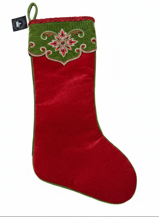 Pre-Order 2026-The Maison Rouge Collection Velvet Red & Green Embroidered Stocking