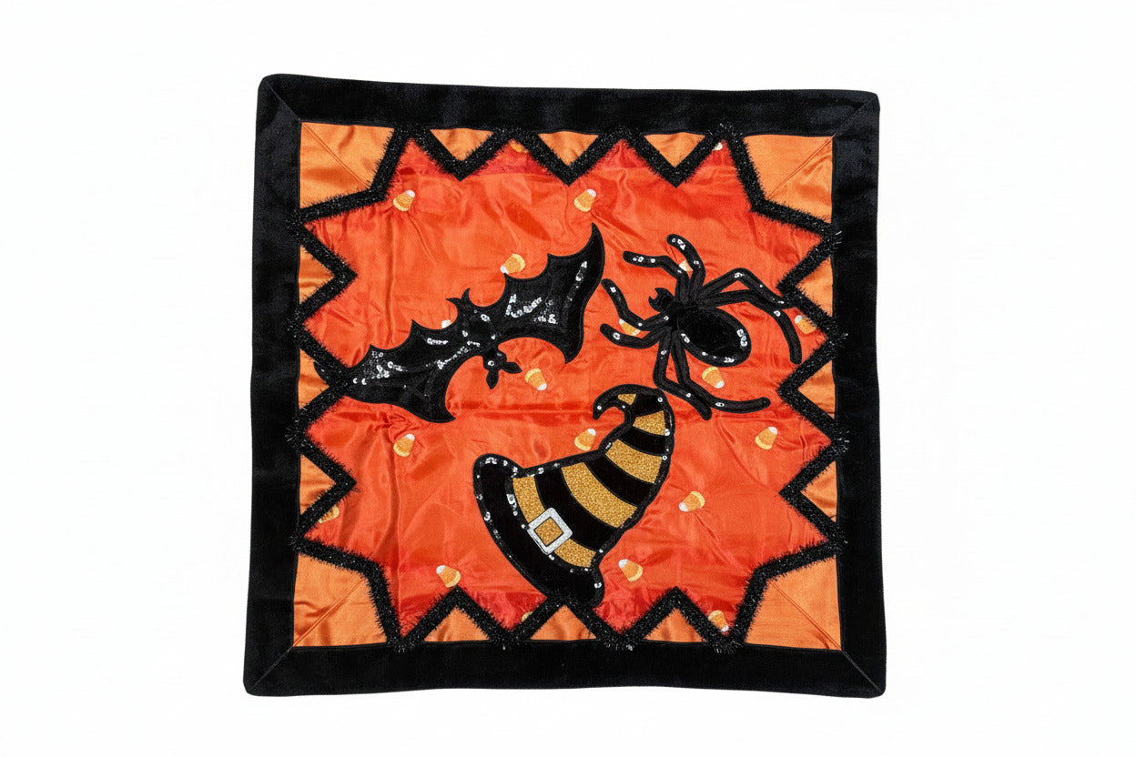 Pre-Order 2026-Little Frights & Delights Embroidered Candy Corn, Spiders, Witches Hats and Bats Halloween Pillow Cover