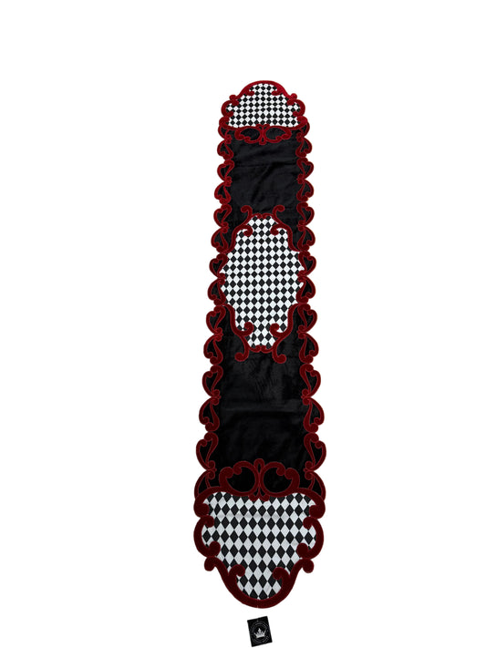 Pre-Order 2026- Black & White Velvet Harlequin with Ornate Red Velvet Edges Runner