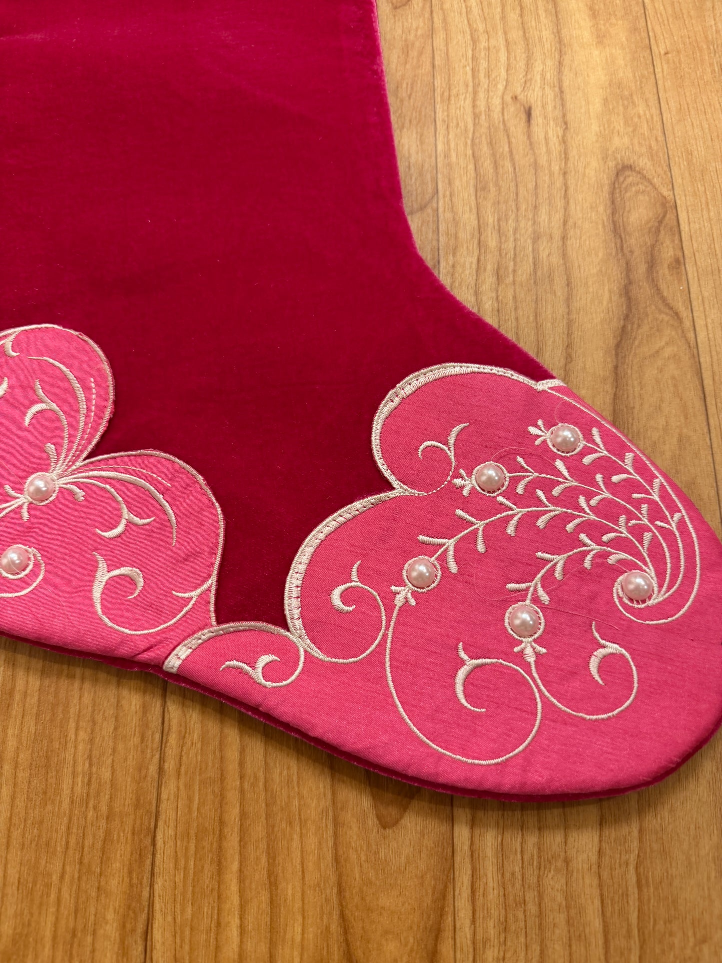 Pre-Order 2026-The Pink Palace Collection- Hot Pink Velvet, Pearls and Soft White Faux Fur Trim Stocking