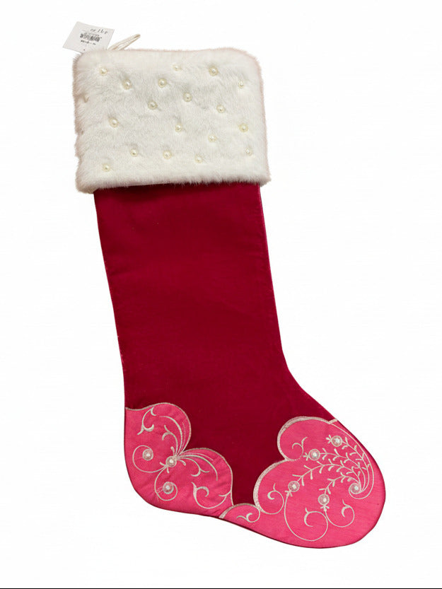 Pre-Order 2026-The Pink Palace Collection- Hot Pink Velvet, Pearls and Soft White Faux Fur Trim Stocking