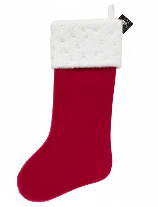 Pre-Order 2026-The Pink Palace Collection- Hot Pink Velvet, Pearls and Soft White Faux Fur Trim Stocking