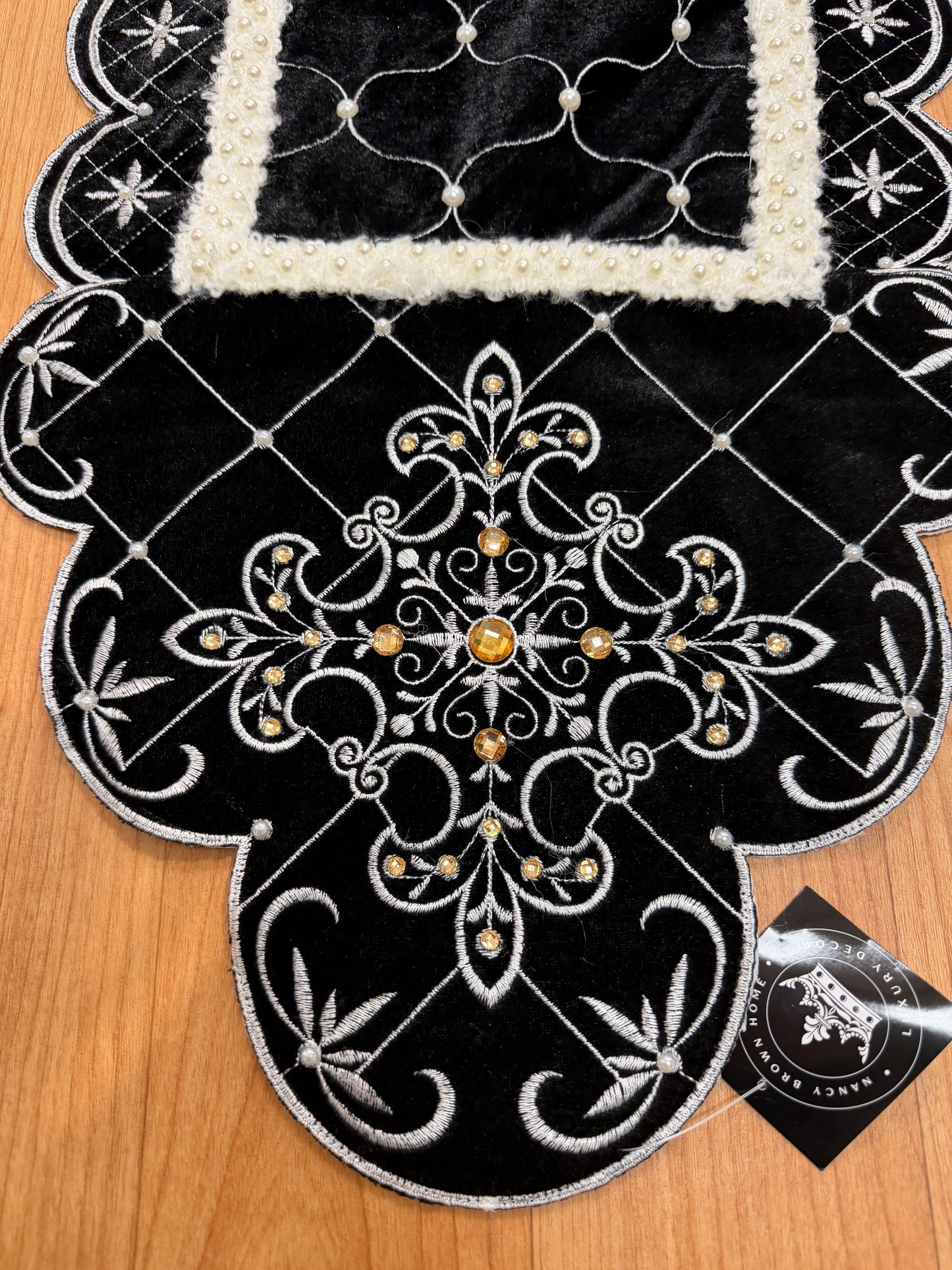 Pre-Order 2026- Black & White Velvet Pearl Collection Table Runner