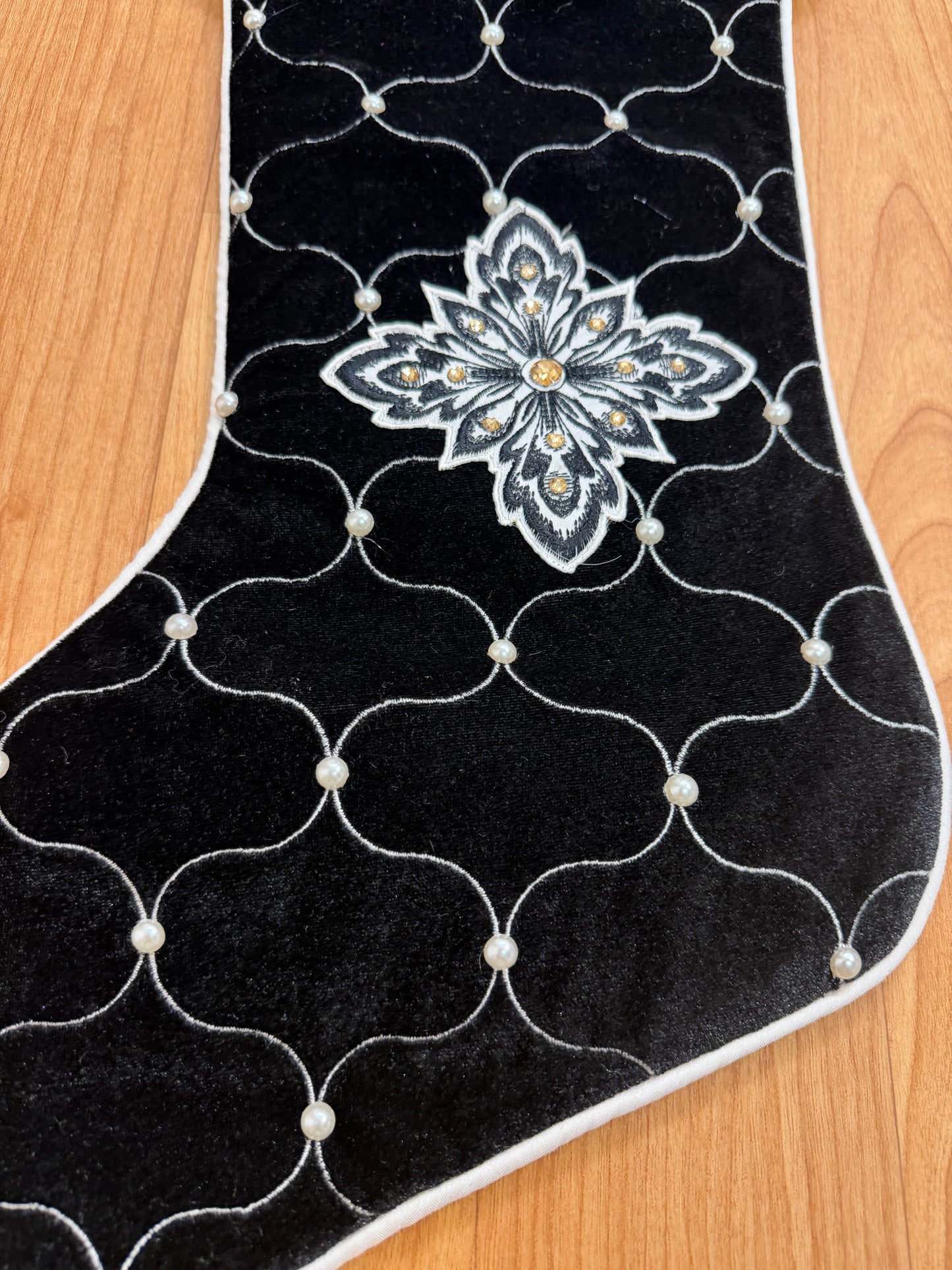 Pre-Order 2026- Black & White Velvet Pearl Collection Stocking