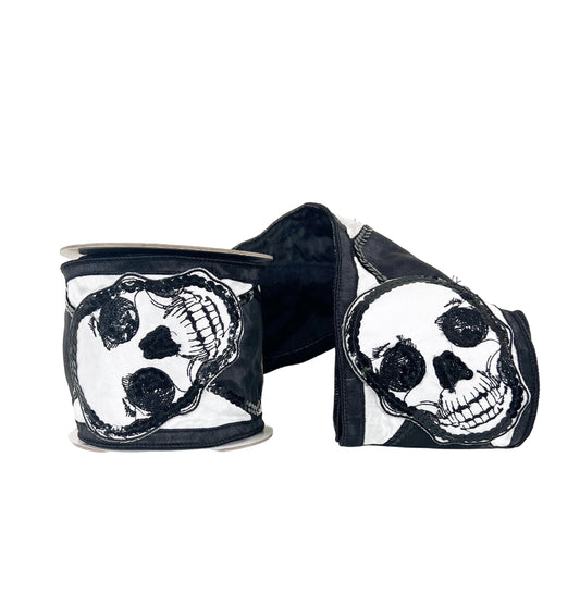 Black and White Velvet and Sequin Skull Harlequin Wired Ribbon 4"x5Y
