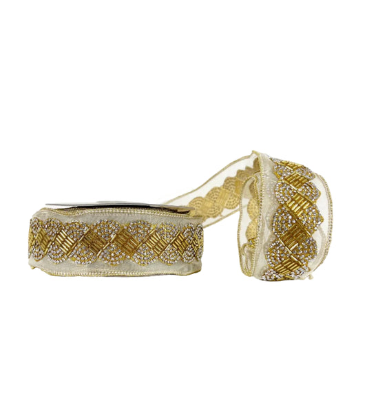 Rhinestone and Bugle Bead Trim Wired - Gold 2"x5Y