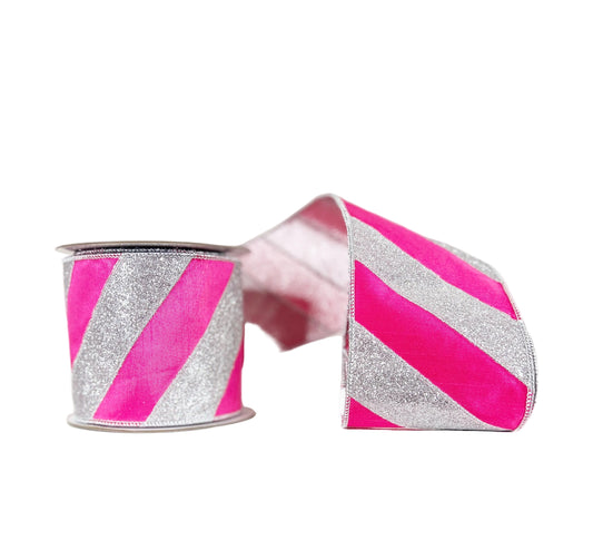 Pink & Silver Stripe Double Faced 4"x5Y Wired