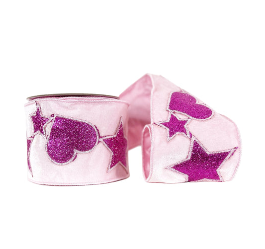 Pink Velvet w/Stars and Hearts  4"x5Y Wired Ribbon