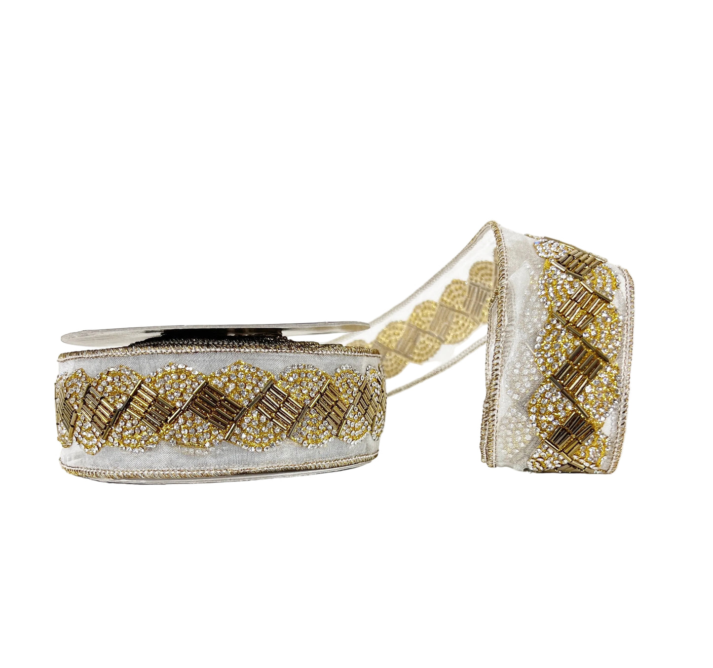 Rhinestone and Bugle Bead Trim Wired - Dk. Gold 2"x5Y