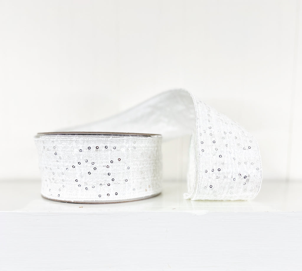 White Tweed with Sequin 2.5"x10Y Wired Ribbon