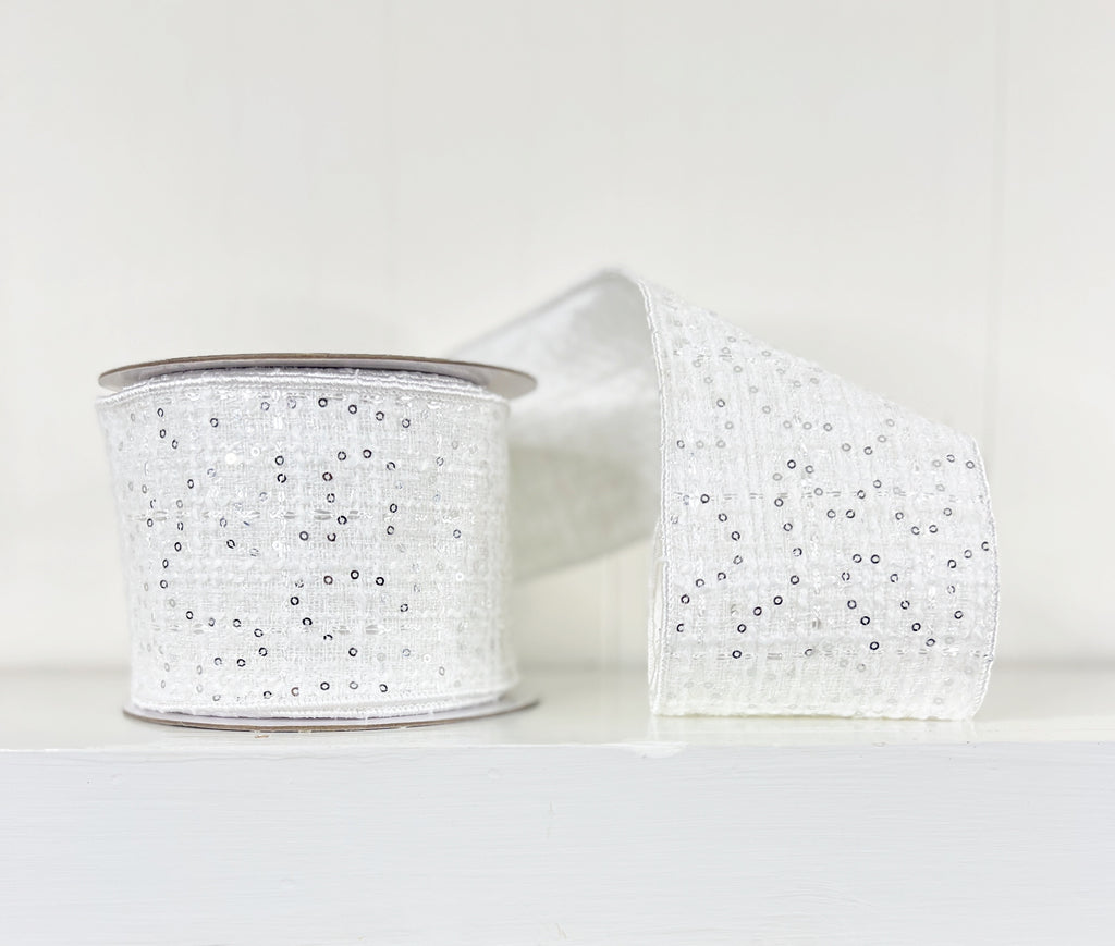 White Tweed with Sequin 4"x10Y Wired Ribbon