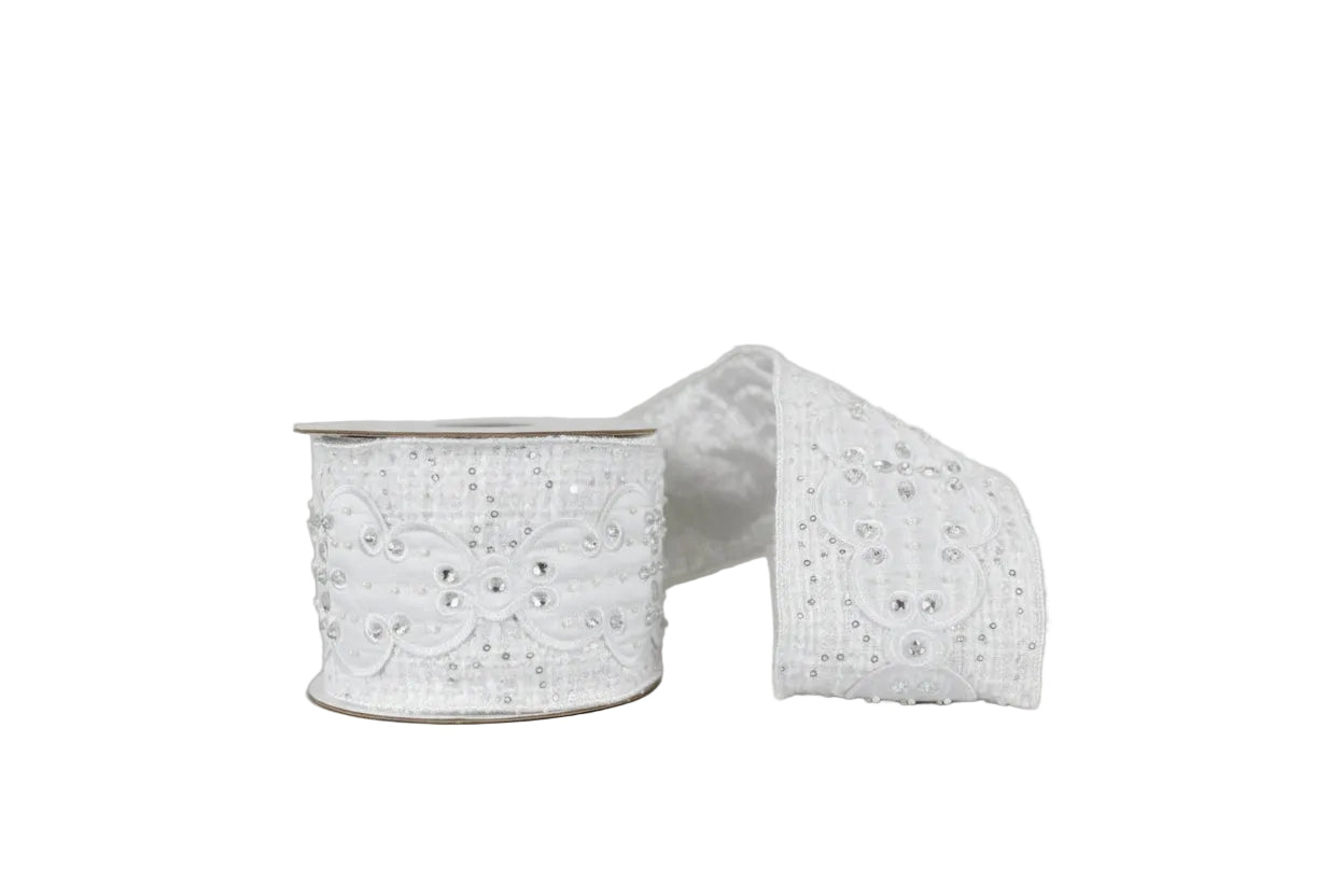Pre-Order 2026- The White Tie Collection White Embroidery and Pearls on Tweed 4"x5Y Wired Ribbon