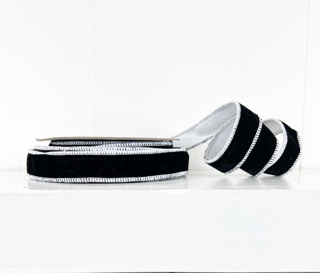 Black Velvet and White 1"x10Y Wired Ribbon-EXCLUSIVE