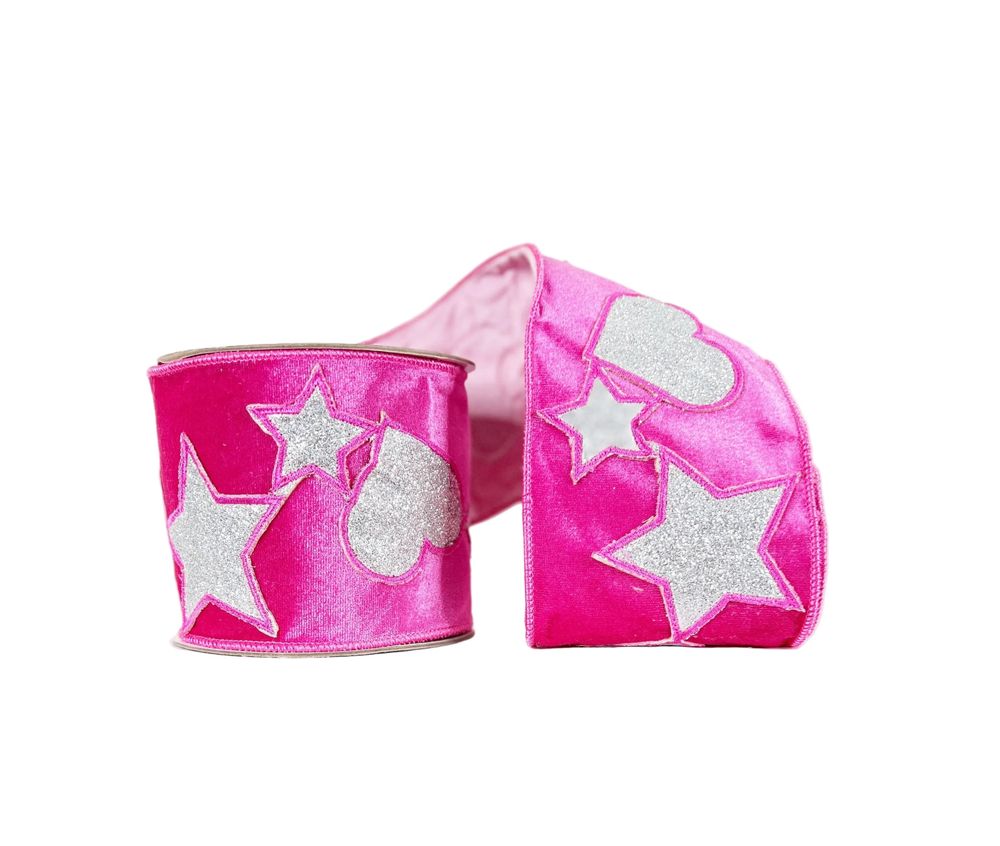 Hot Pink Velvet with Hearts and Stars 4"x5Y Wired Ribbon