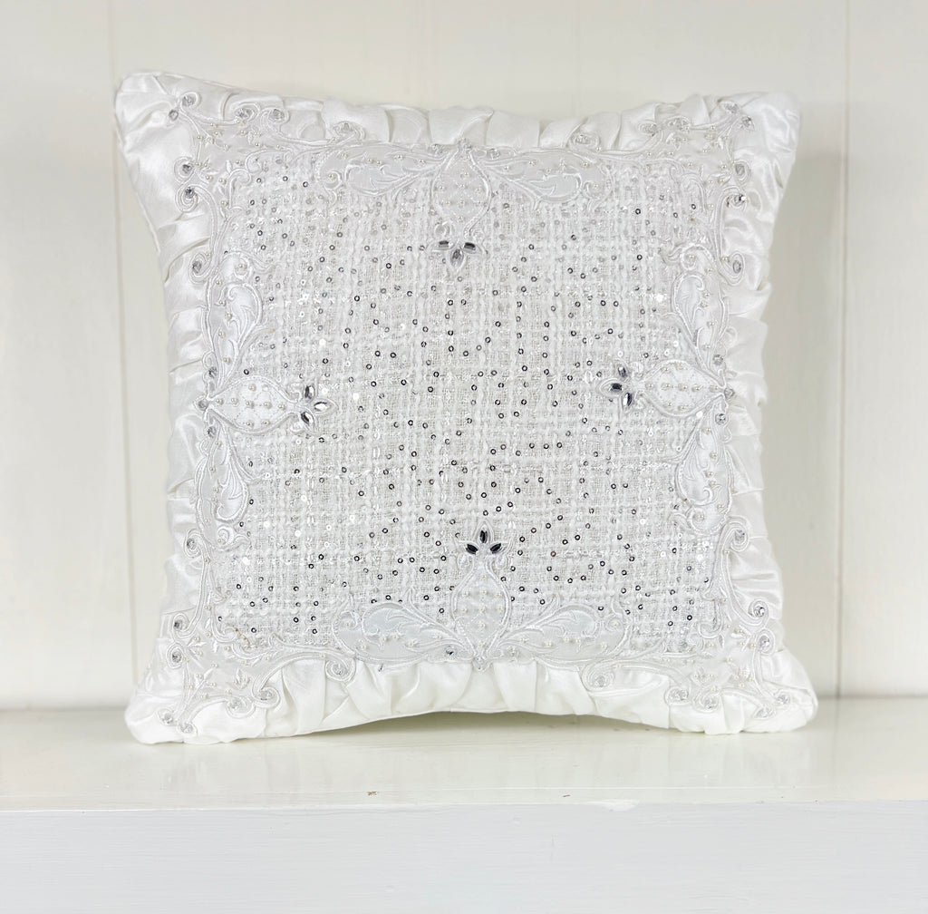 White Classic Plaid Pillow with Sequins