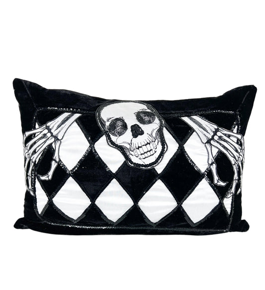 Black and White Velvet and Sequin Skull Harlequin Pillow