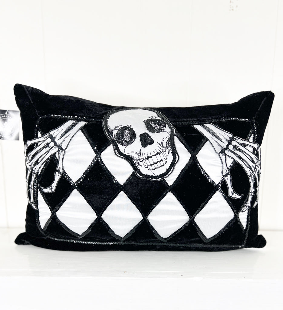 Black and White Velvet and Sequin Skull Harlequin Pillow-EXCLUSIVE