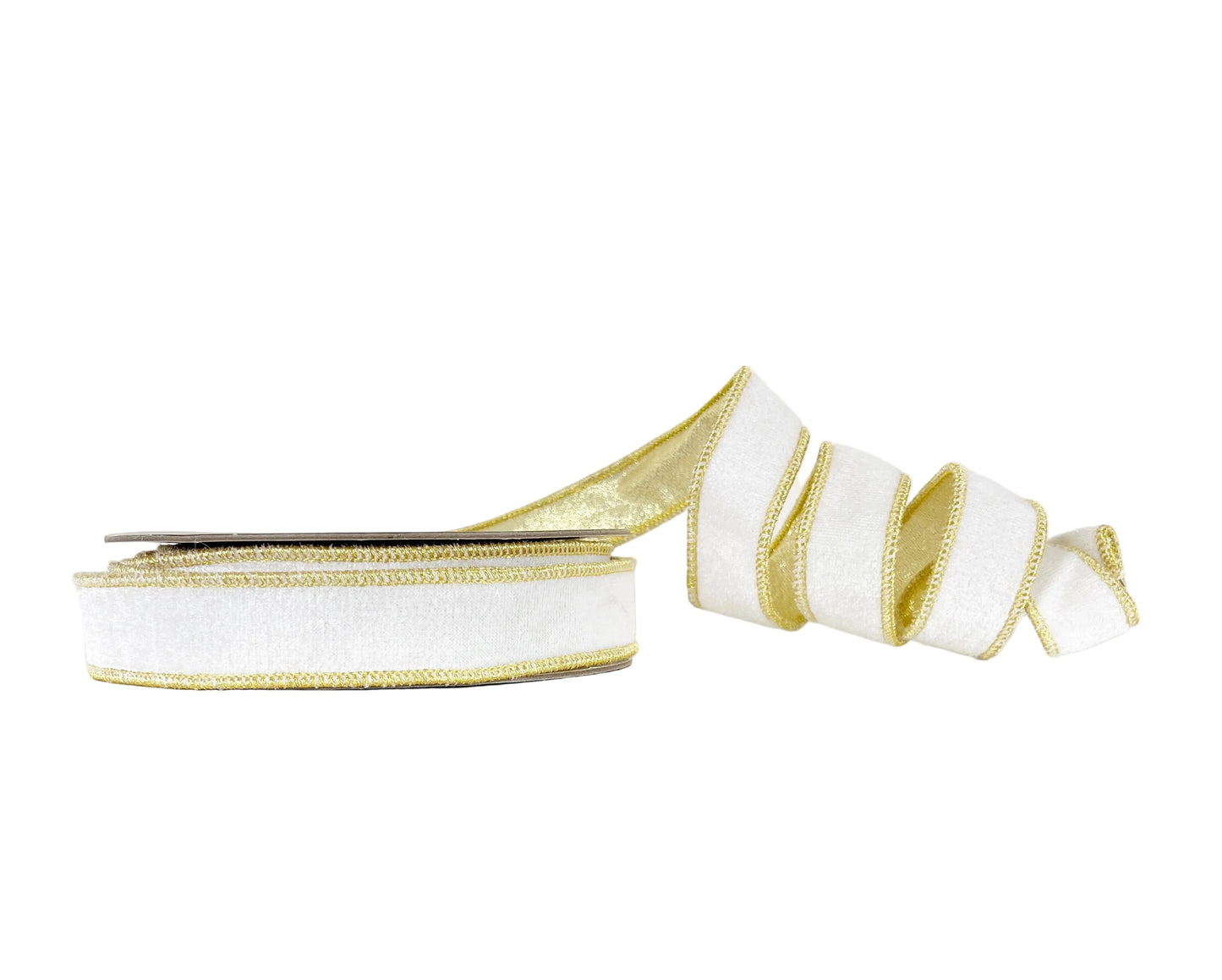 White Velvet and Gold 1"x10Y Wired Ribbon