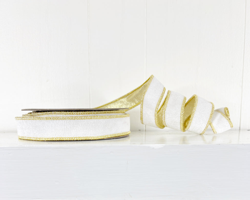 White Velvet and Gold 1"x10Y Wired Ribbon-EXCLUSIVE