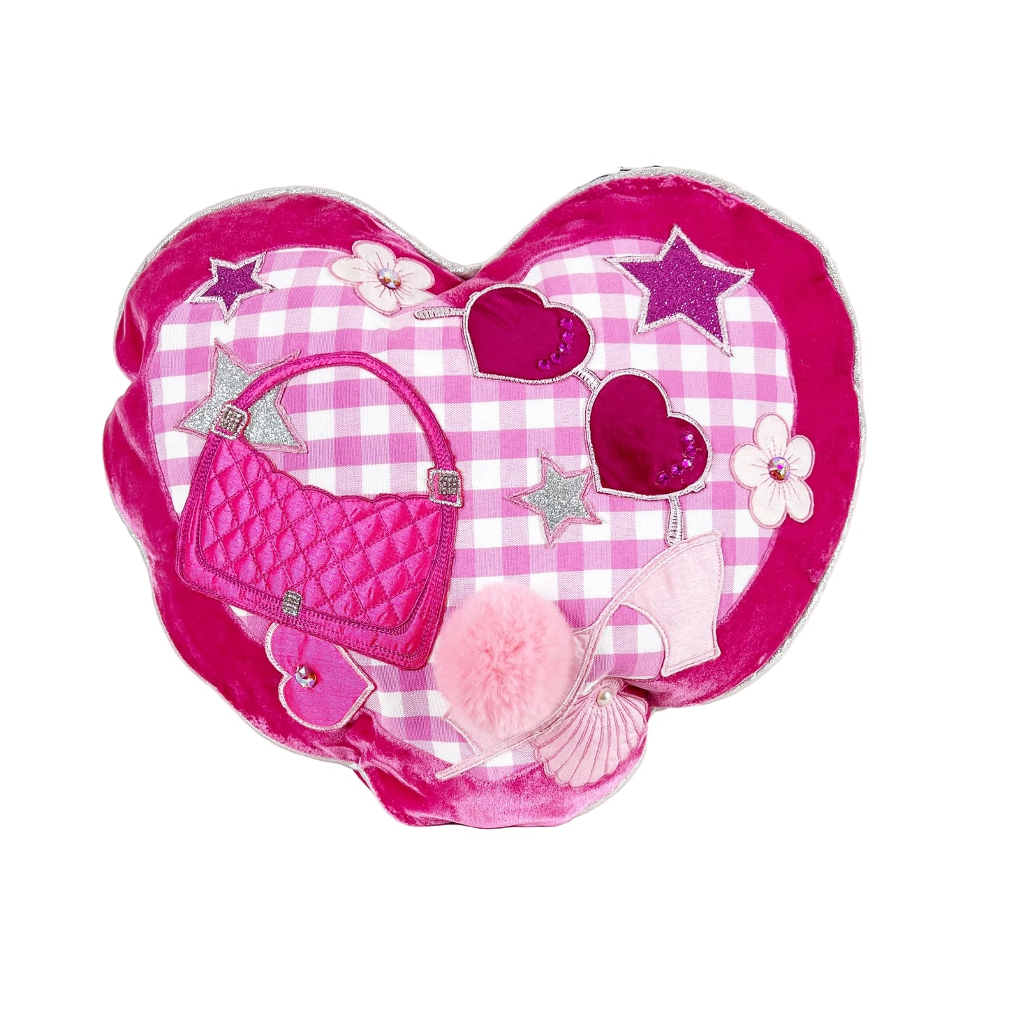 Pink Gigham Hot Pink Velvet Glitter Heart Glasses High Heels Purse Pillow