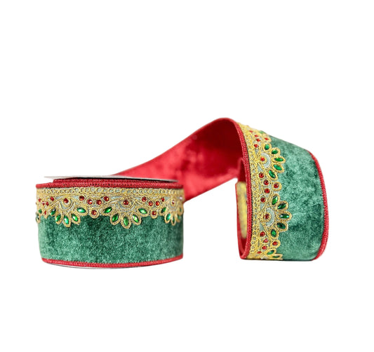 Sheldon Velvet Fused One Sided Jeweled - Green 2.5"x5Y