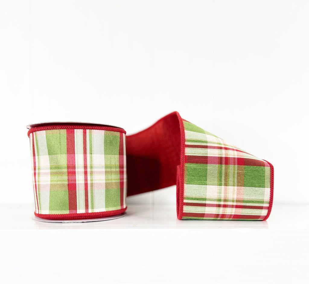 Red Plaid Dupioni Double Sided Wired Ribbon 4"x10Y