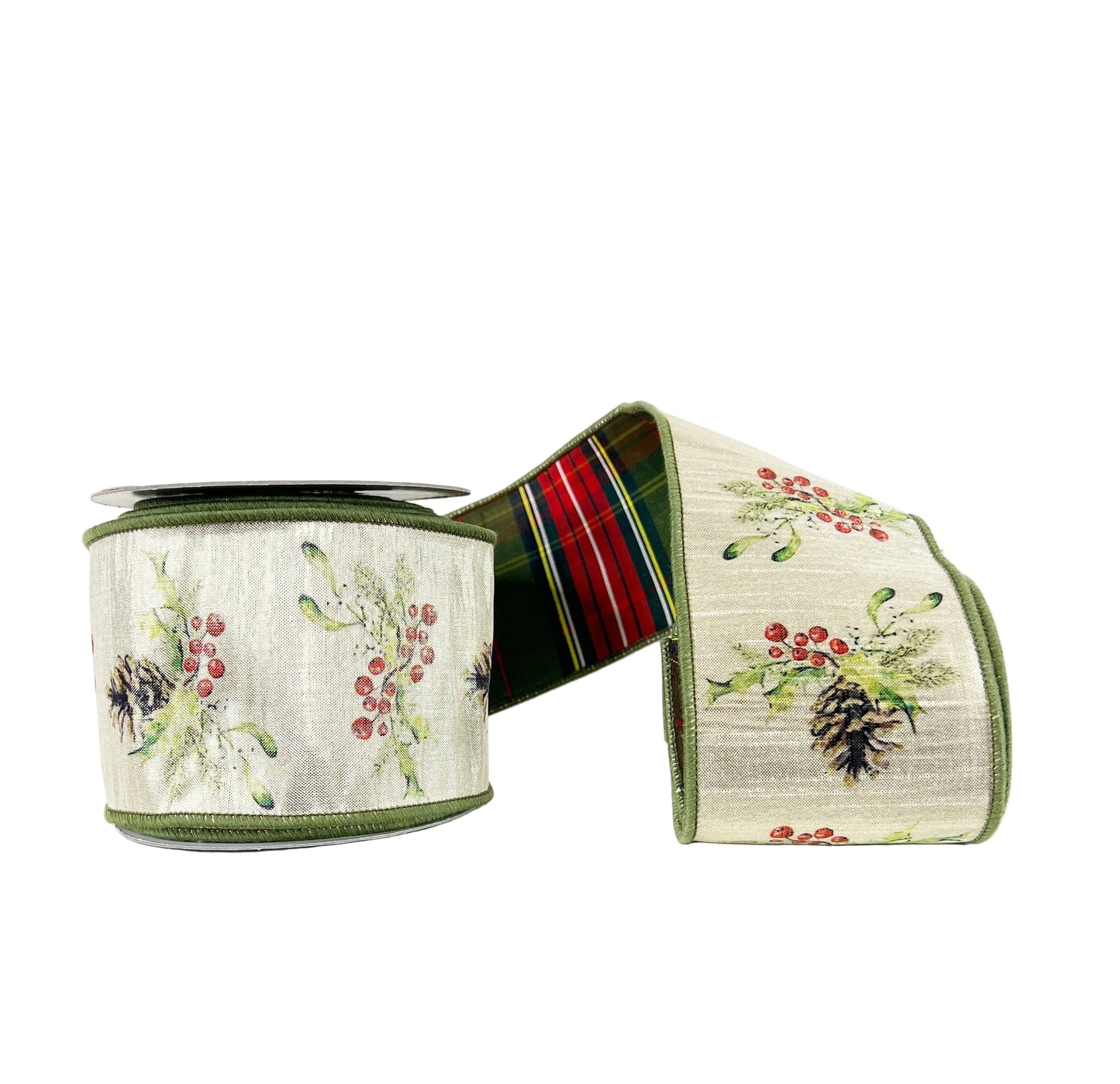 Pre-Order 2026- Berry Print Metallic Plaid Double Sided Wired Ribbon 4"x10Y