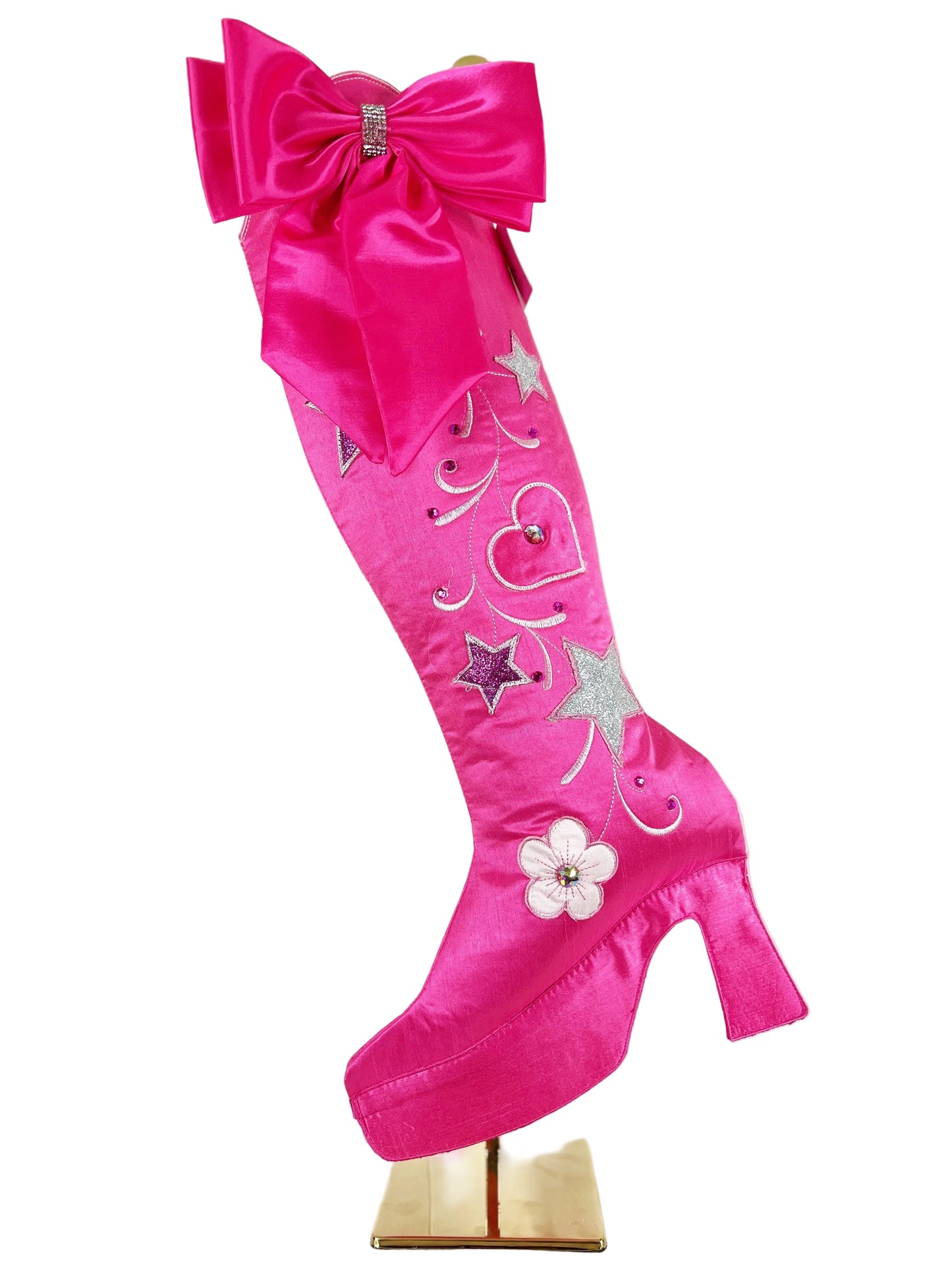 Hot Pink Platform High Heel Stocking with Satin Bow and Rhinestones