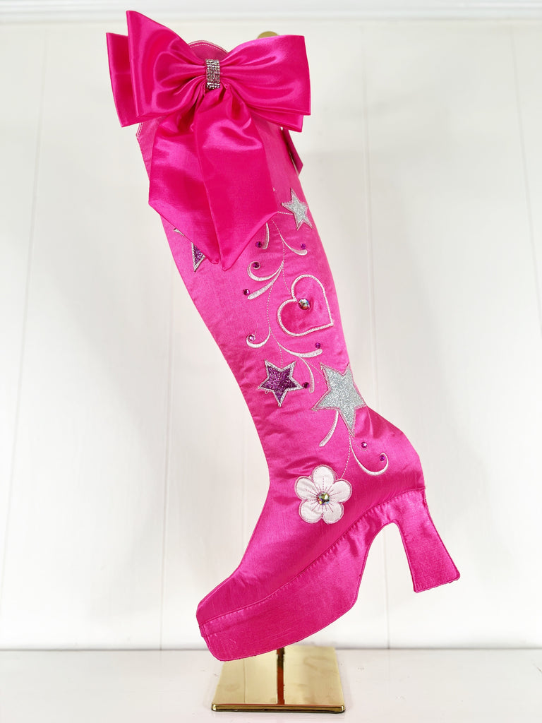 Hot Pink Platform High Heel Stocking with Satin Bow and Rhinestones