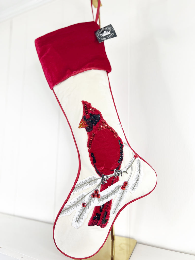 Creme Velvet and Red Velvet Fancy Cardinal Stocking-EXCLUSIVE