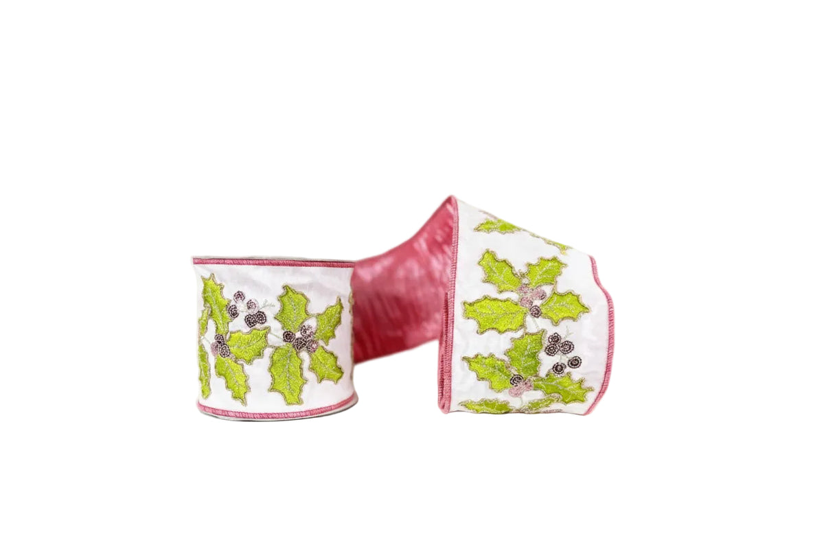 Pre-Order- Pink Holly Leaves Embroidered Dupioni Double-Faced Wired Ribbon 4"x5Y