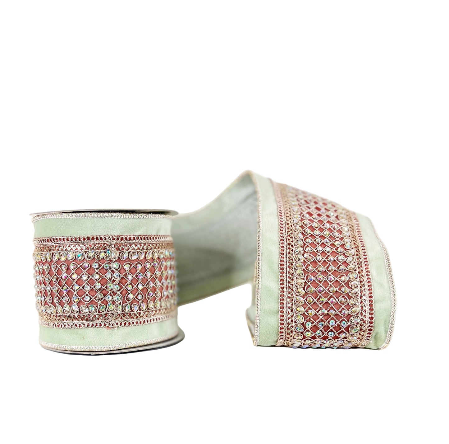 Lt. Green Velvet with Rhinestone Trim Double SIded Wired Ribbon 4"x5Y