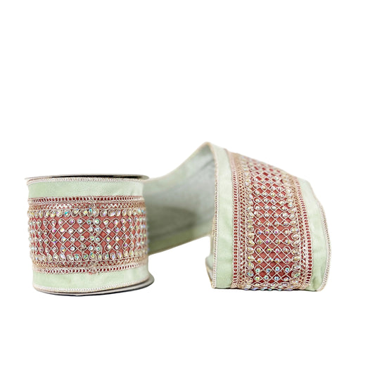 Lt. Green Velvet with Rhinestone Trim Double SIded Wired Ribbon 4"x5Y