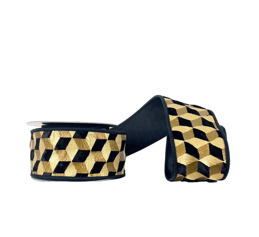 Cube Black and Gold Wired Ribbon 2.5"x5Y
