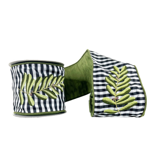 Embroidered Leaves on Black and White Check Double-Sided 4"x5Y