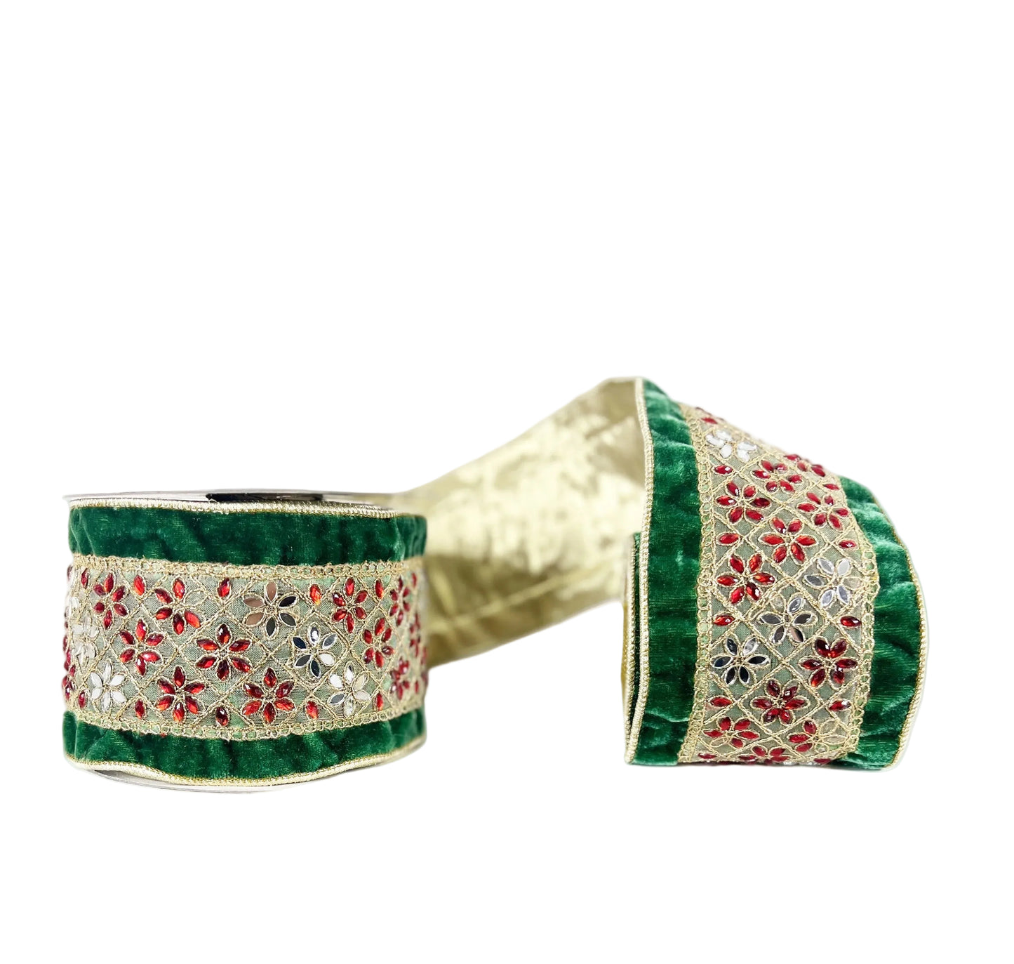 Green Viscose Velvet with Red and Mirrored Gems Double Sided Wired Ribbon 4"x5Y