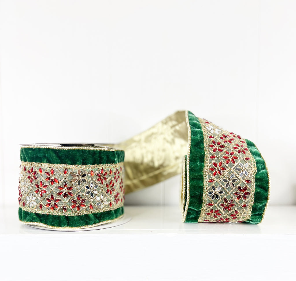 Green Viscose Velvet with Red and Mirrored Gems Double Sided Wired Ribbon 4"x5Y