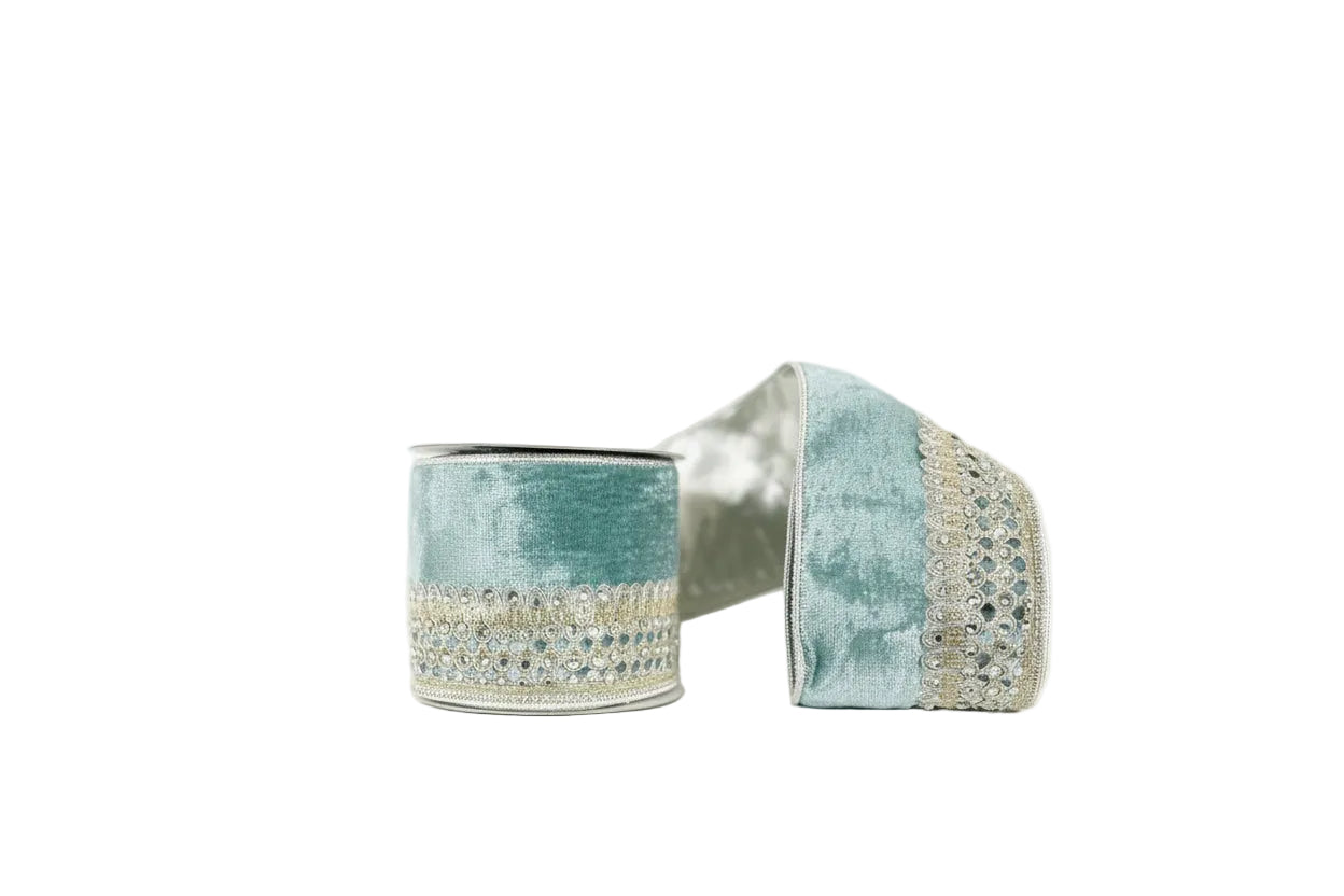 Aqua Jeweled Velvet Metallic Dupion Double Sided Wired Ribbon 4"x5Y