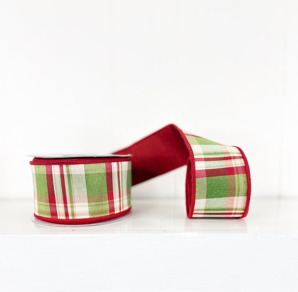 Red and Green Traditional Plaid Dupioni Double Sided Wired Ribbon 2.5"x10Y