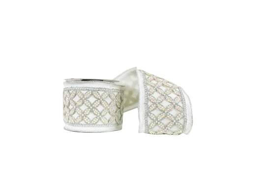 White Dupioni with Jeweled Trim Wired Ribbon 4"x5Y