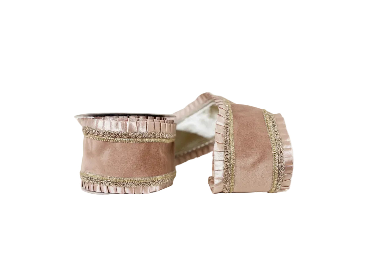 Lt. Brown Double Sided Ruffle Trim Velvet Wired Ribbon 4"x5Y