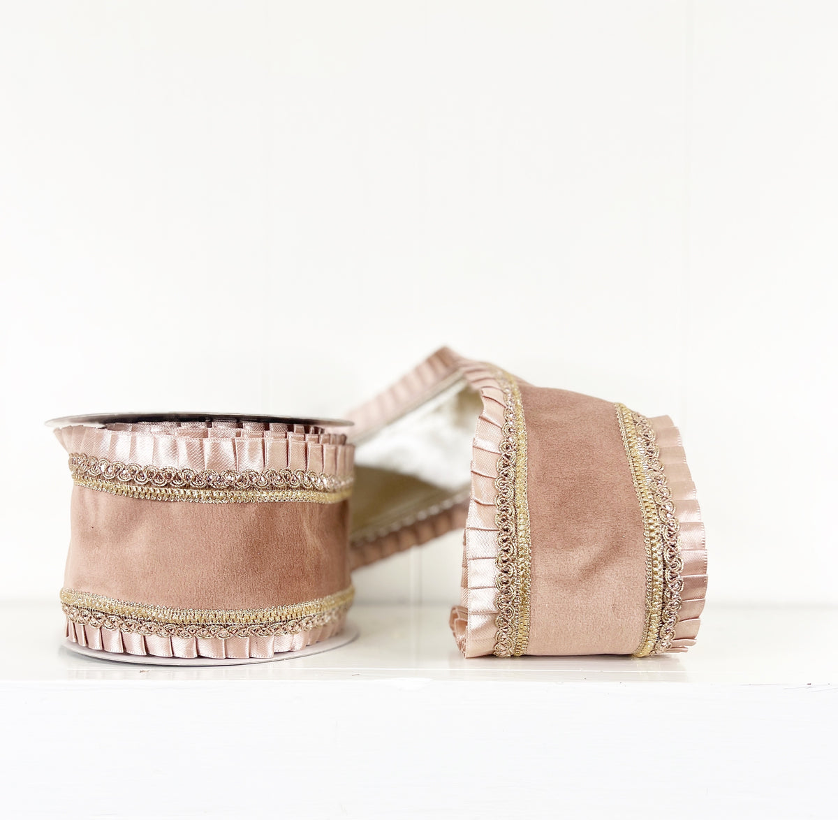 Lt. Brown Double Sided Ruffle Trim Velvet Wired Ribbon 4