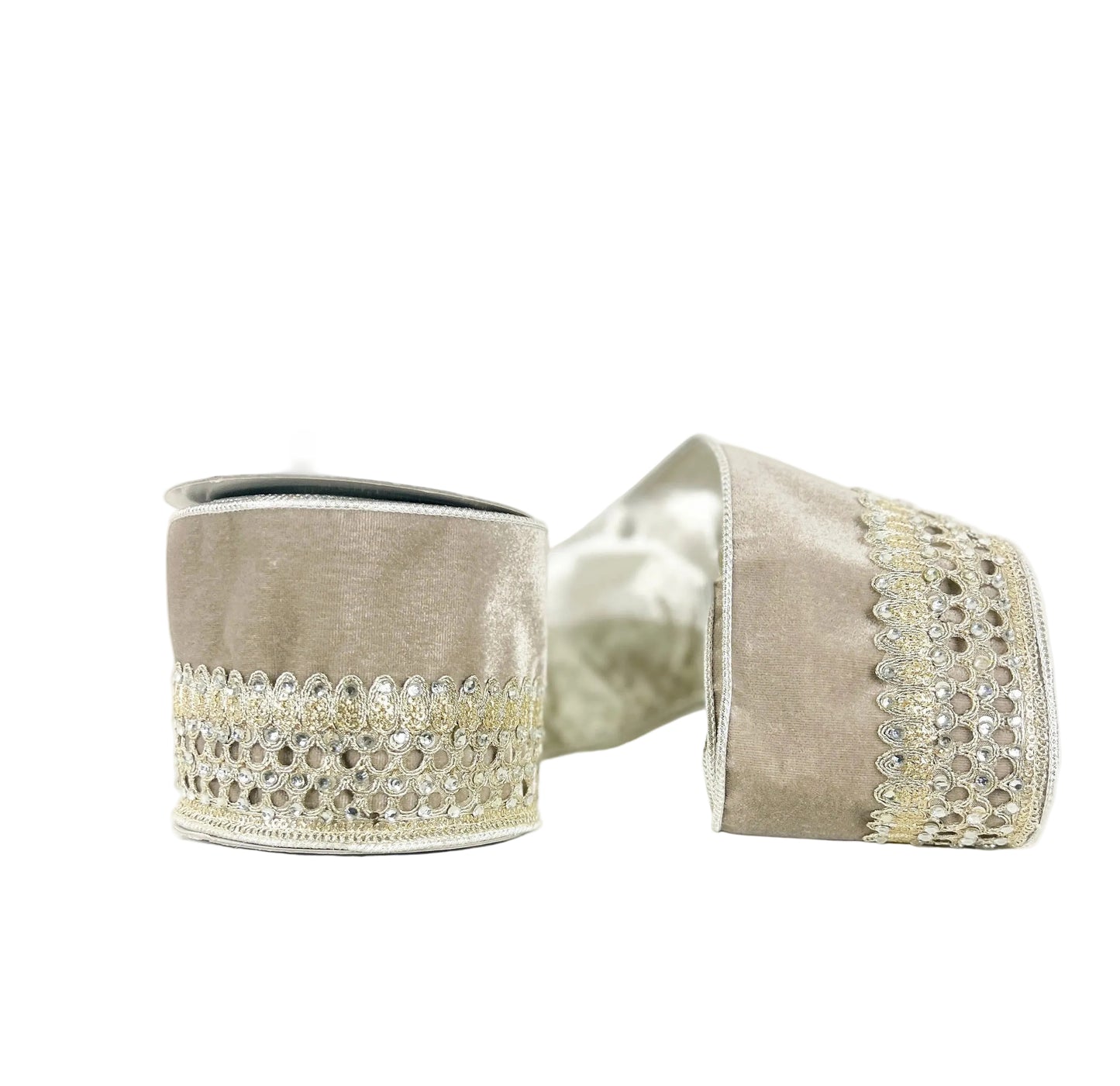 Platinum Jeweled Velvet Metallic Dupion Double Sided Wired Ribbon 4"x5Y