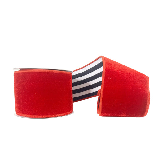 Red Velvet Black and White Large Horizontal Stripe Wired Ribbon 4"x5Y