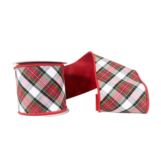 Red Bias Cut Plaid Dupioni Double Faced Wired Ribbon 4"x5Y