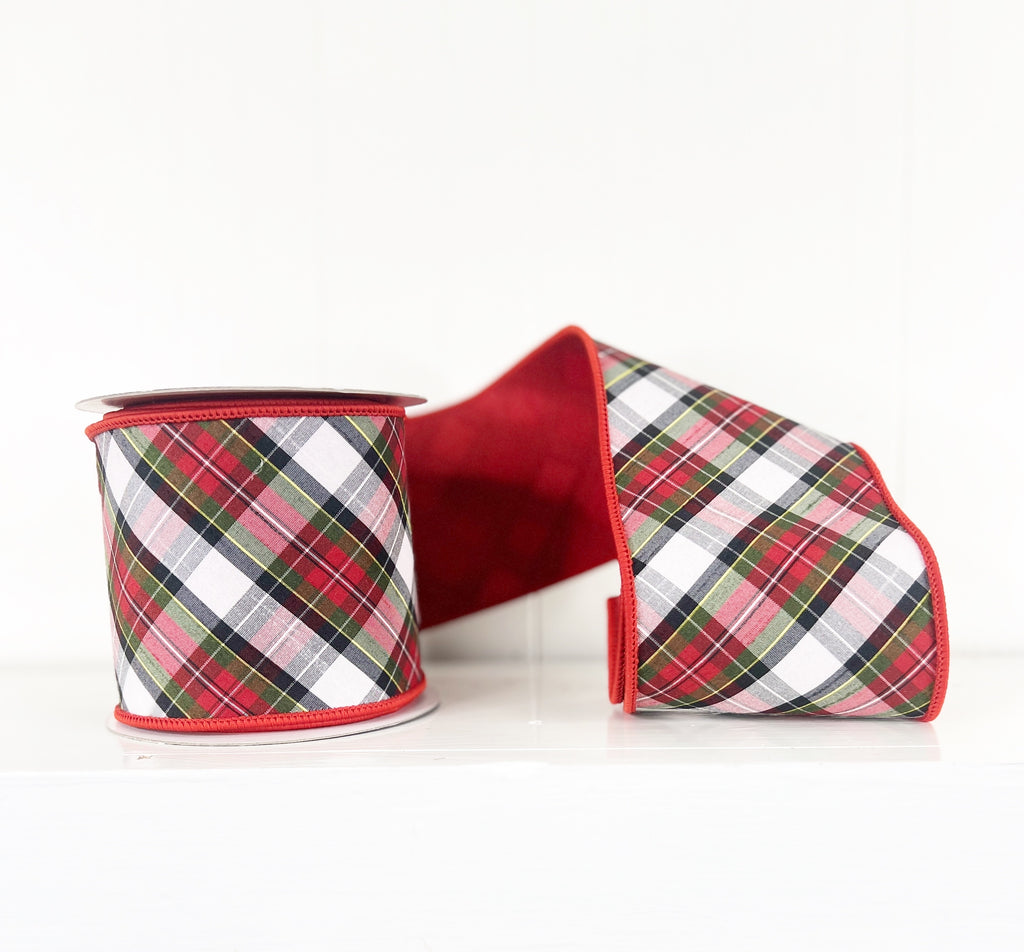 Red Bias Cut Plaid Dupioni Double Sided Wired Ribbon 4"x5Y