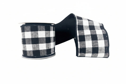 Black and White Cotton Checks Double Sided Taffeta Wired Ribbon 4"x5Y