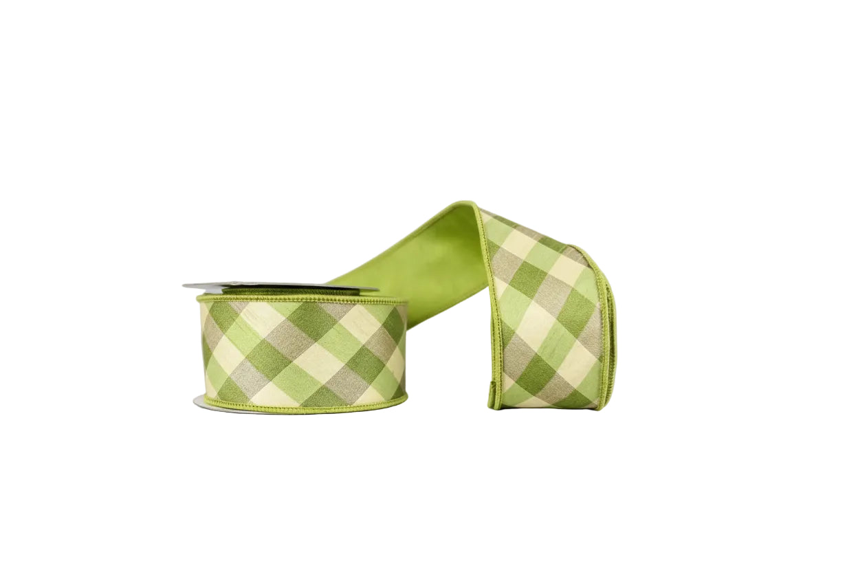 Green and Gold Bias Cut Aspen Checks Dupioni Double Sided Ribbon  2.5"x5Y