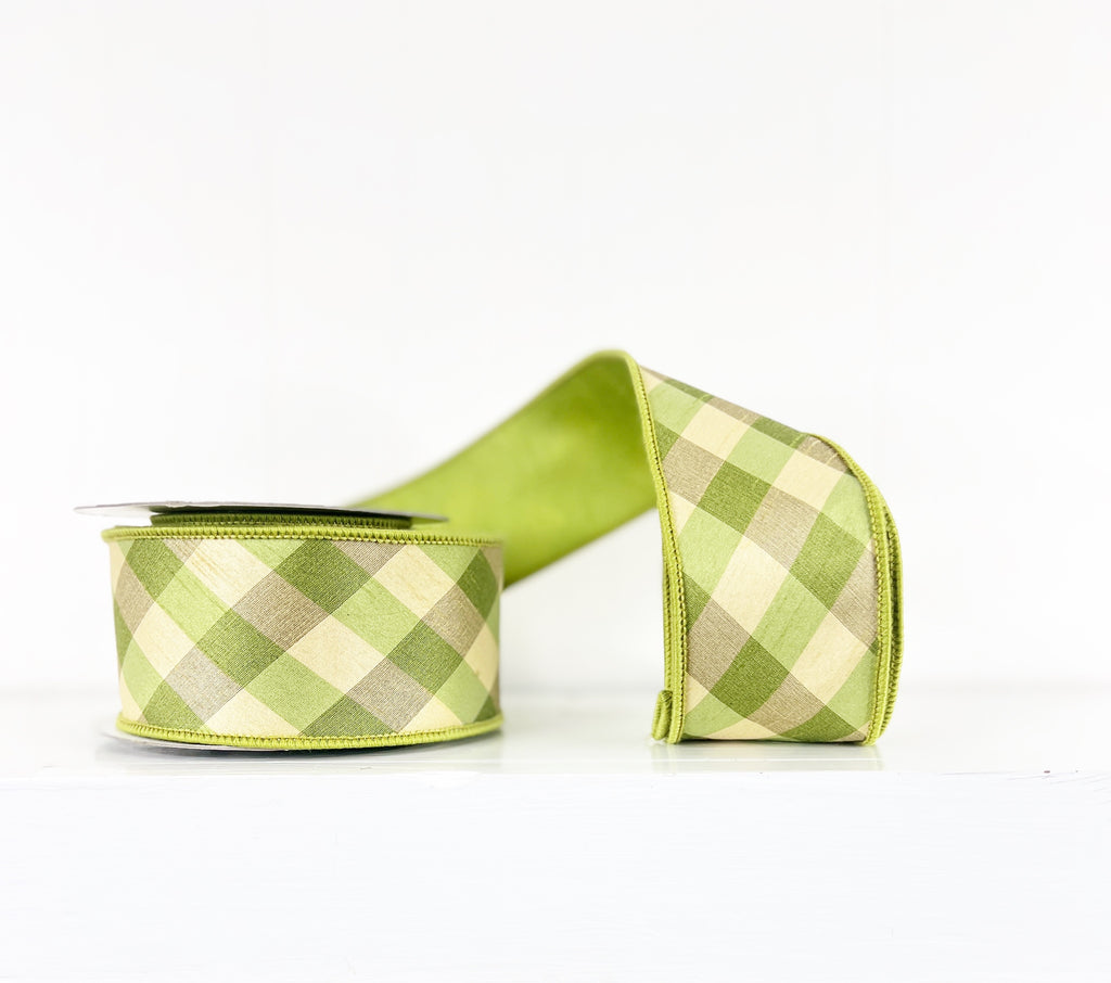 Green and Gold Bias Cut Aspen Checks Dupioni Double Sided Ribbon  2.5"x5Y